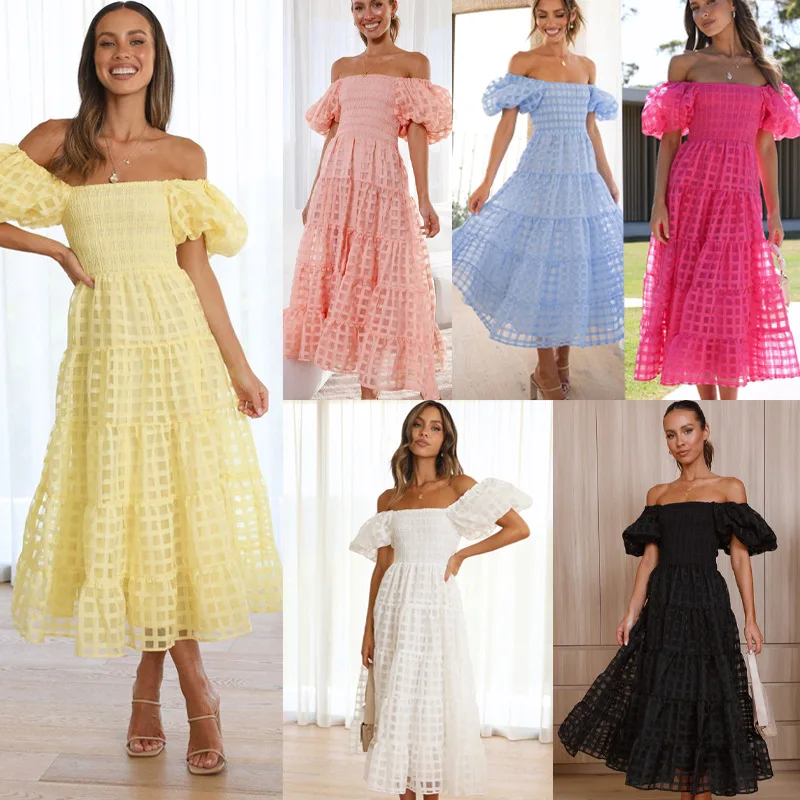 Vestido de una Pieza para Mujer con Cuello, Manga Farol y Malla, Vestidos Blancos Elegantes, Vestidos Midi
