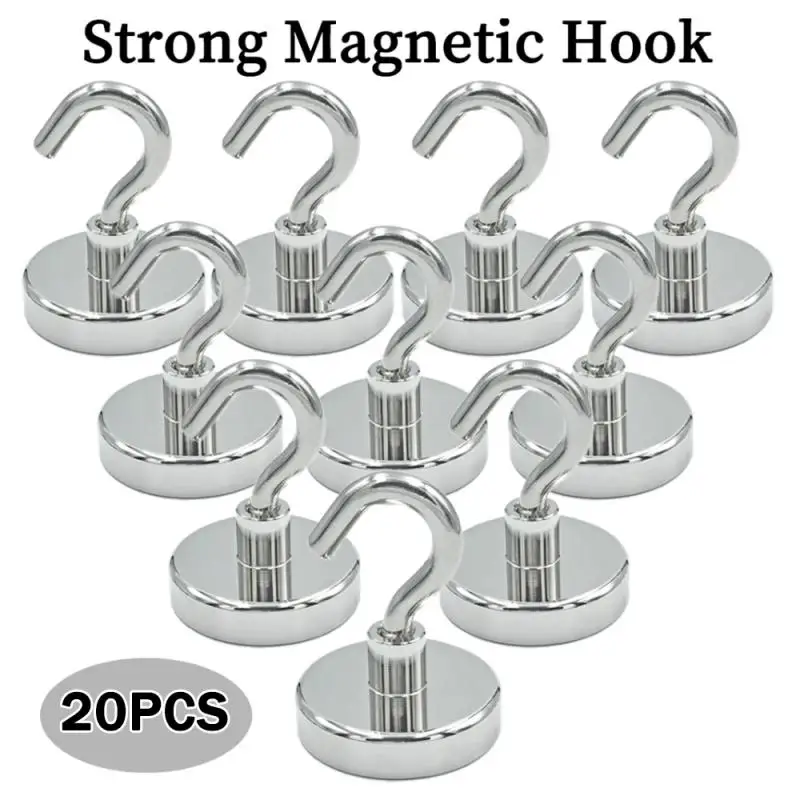 4/20Pcs Super Strong Neodymium Powerful Magnetic Hooks Ring Metal Magnet With Curved Hook Hanger For Hanging,Fridge,Wall,Key