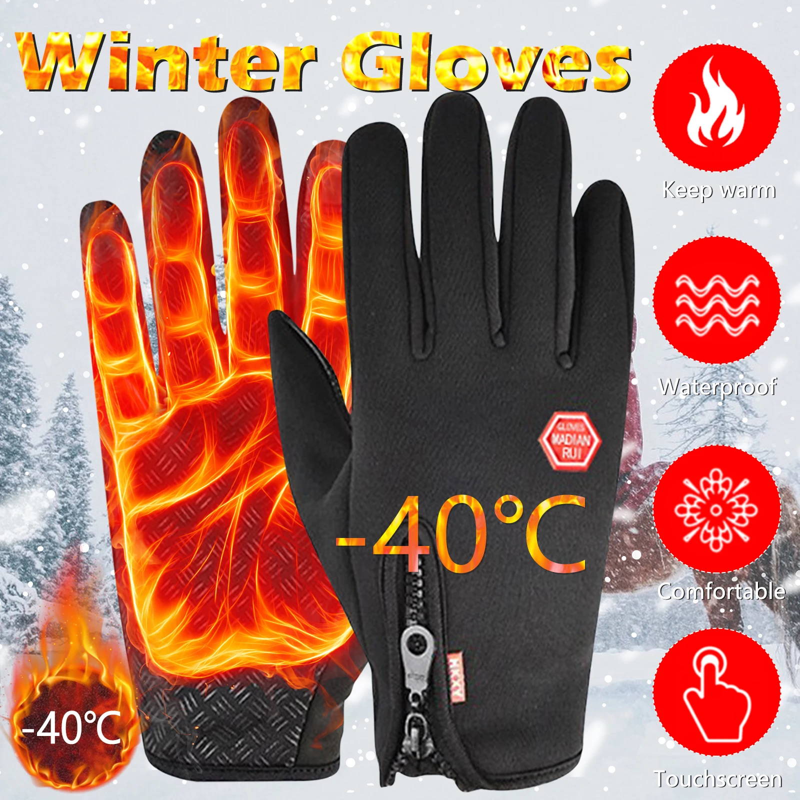 Winter Gloves For Men Waterproof Windproof Cold Gloves Snowboard Motorcycle Riding Driving Warm Touchscreen Zipper Glove