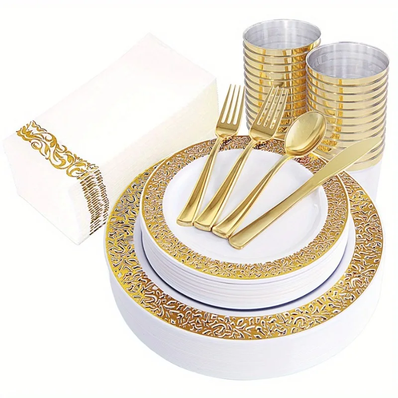 

70 Piece Elegant Golden Party Set - Reusable Plates Cups & Napkins for Weddings & Gatherings