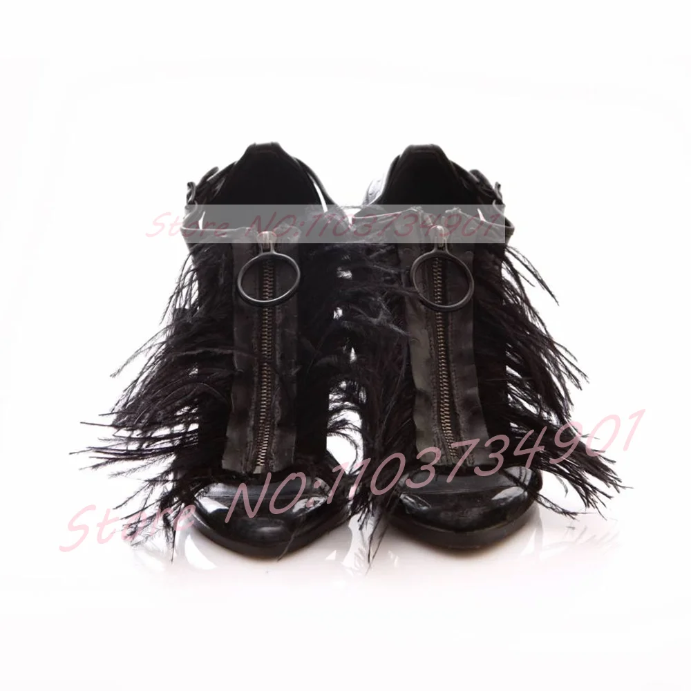Black Feather Open Toe Sandals Women Trendy Edgy Zipper Ankle Buckle Strap High Heels Sandals Lady Sexy Nightclub Party Footwear view 5