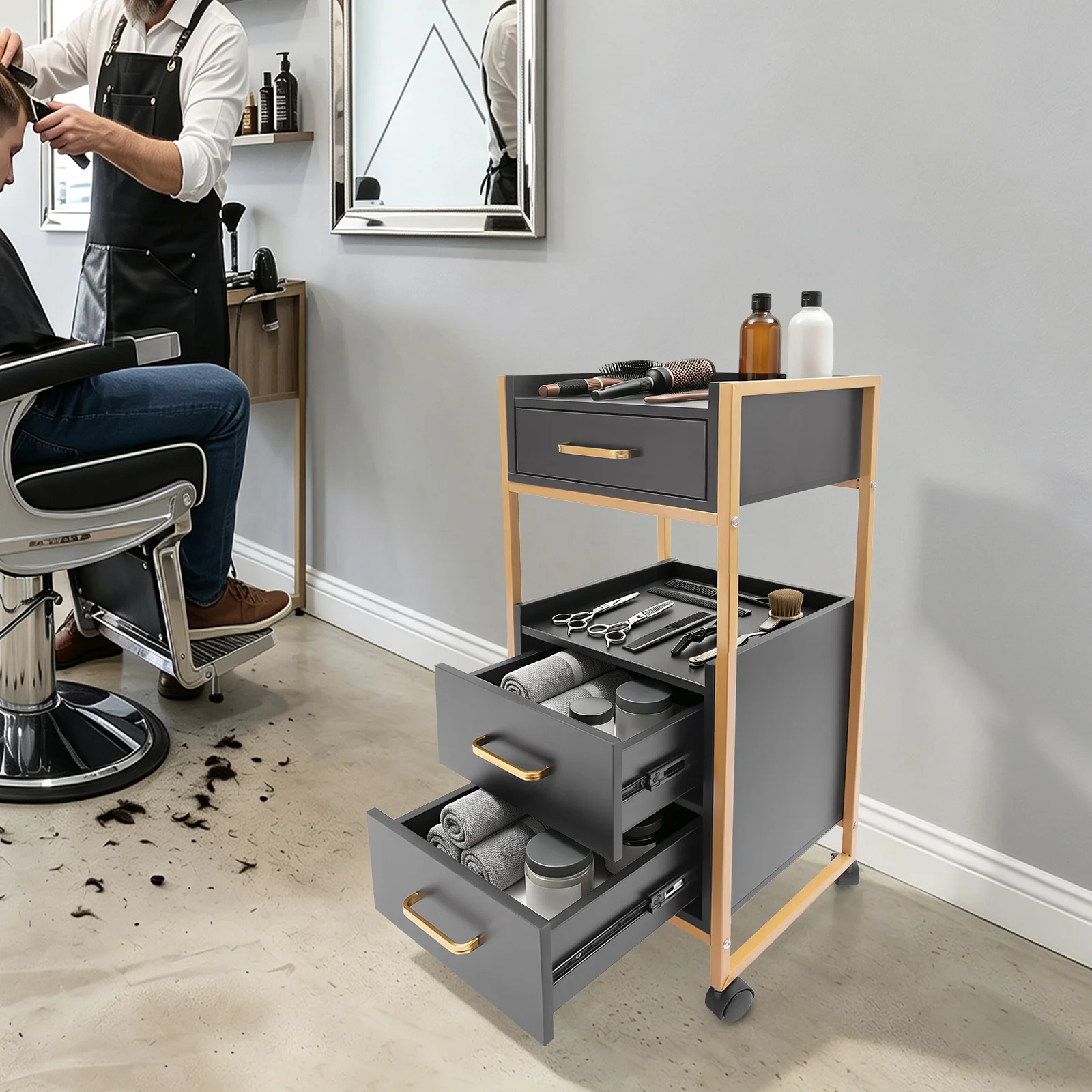 Mobile Hair Salon Tool Trolley With Universal Wheels, Barber Shop Rolling Storage Cabinet Organizer for Hairdressing Supplies
