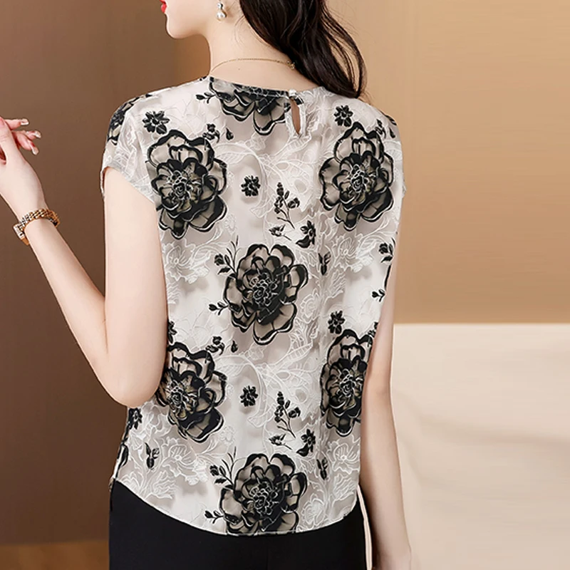 Fashion Printed Chiffon Shirts Women 2025 Summer Pullovers Blouse Beaded Slim Folds Waist Sleeveless Casual Women Tops