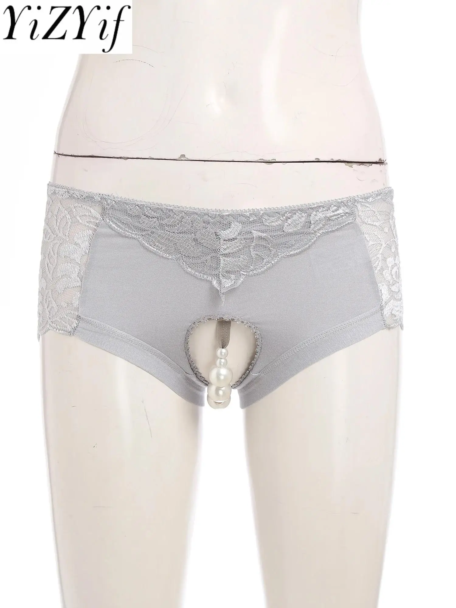 

Women Lingerie Floral Lace Crotchless Panties Sexy Low Waist with Faux Pearl Band Tempting Briefs for Stimulating Nightwear