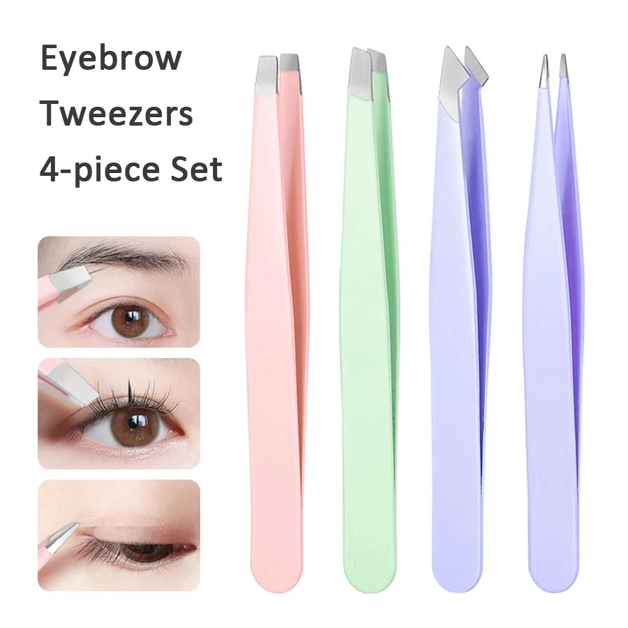 4Pcs Eyebrow Clips Multicolored Tweezers Set for Women Great Precision for Ingrown Hair Splinter Facial Hair Removal Beauty Tool