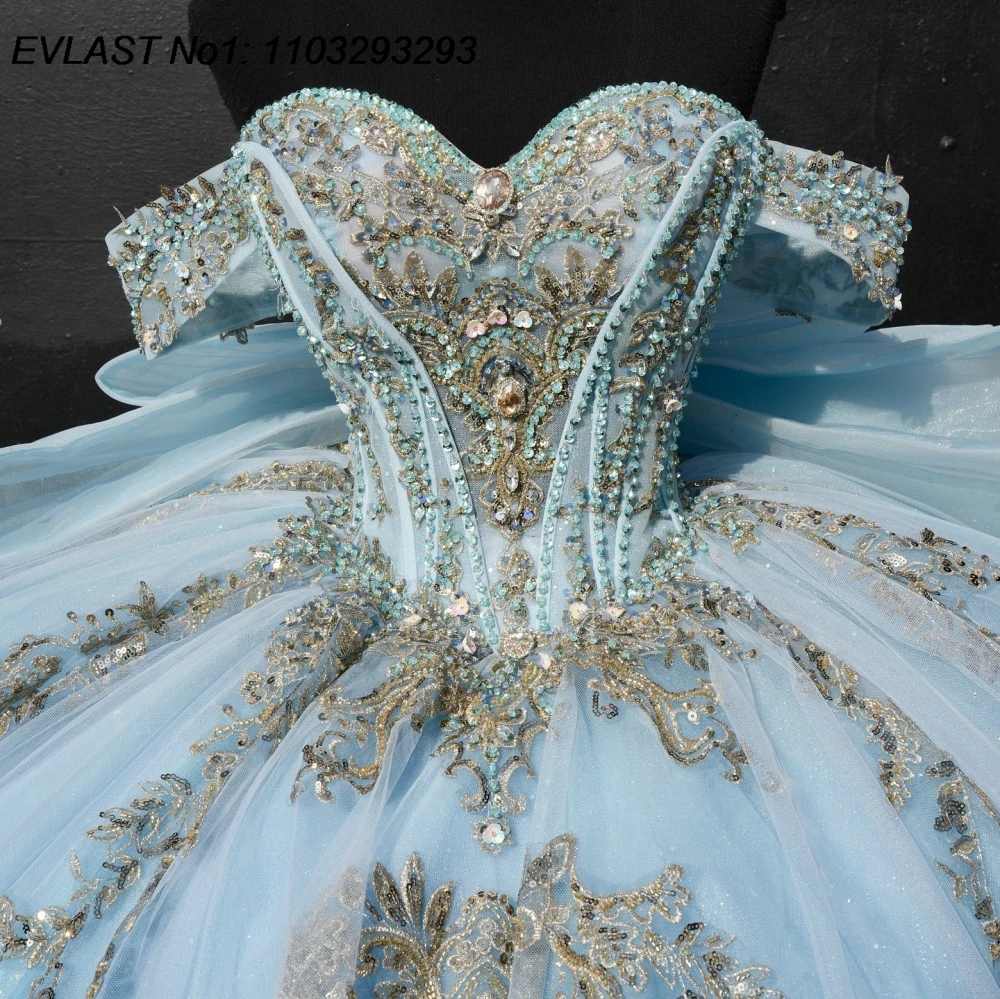 EVLAST Customized Shiny Sky Blue Quinceanera Dress Ball Gown Silver Lace Applique Beading Bow Sweet 16 Vestido De 15 Anos E1Q350