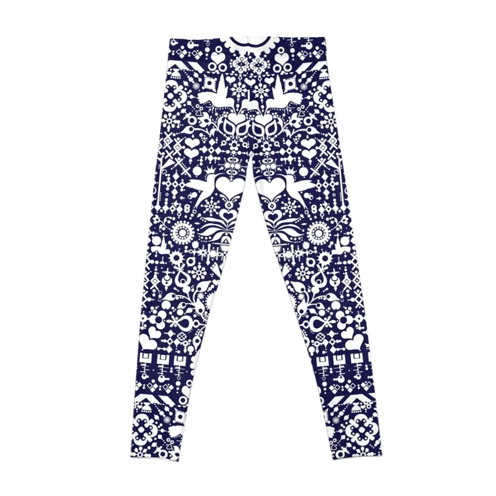 Hummingbird's confession - modern graphic design - original Swedish folk art - folksy modern pattern in Navy blue Leggings