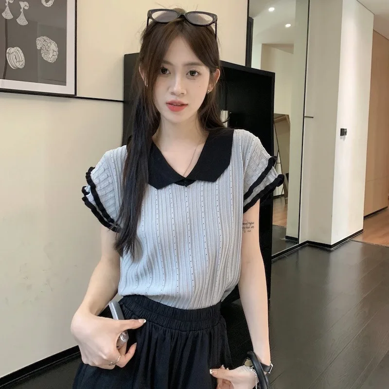 French Wavy Edge Flying Sleeve Pit Knitting T-shirt Female in The Summer New Style Lapel Look Slimmer Hottie Cropped Top Tops