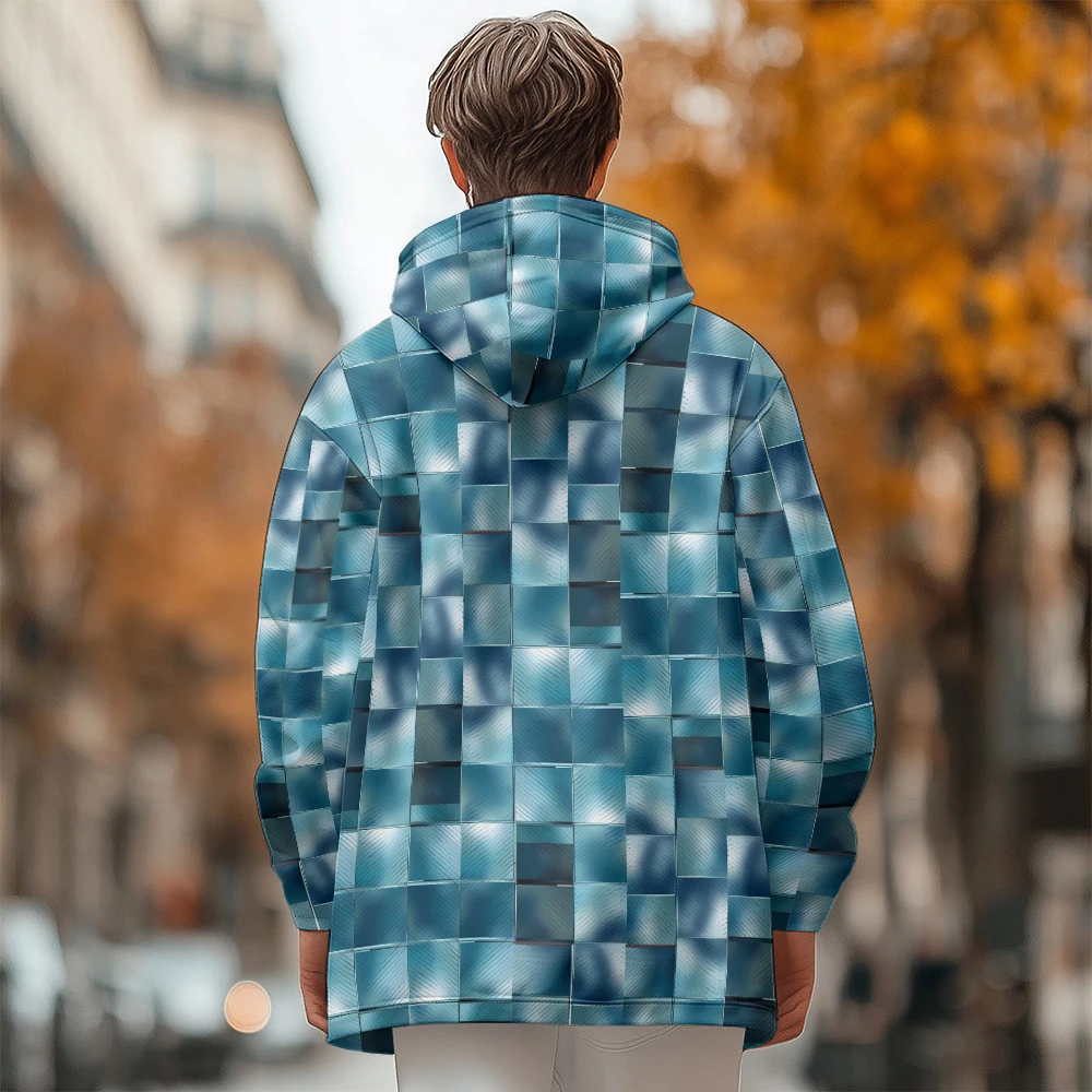 Man winter clothing, New in Down Coats, new Blue ice cube pattern patchwork cotton-padded jacket clothing, feather pocket zipper