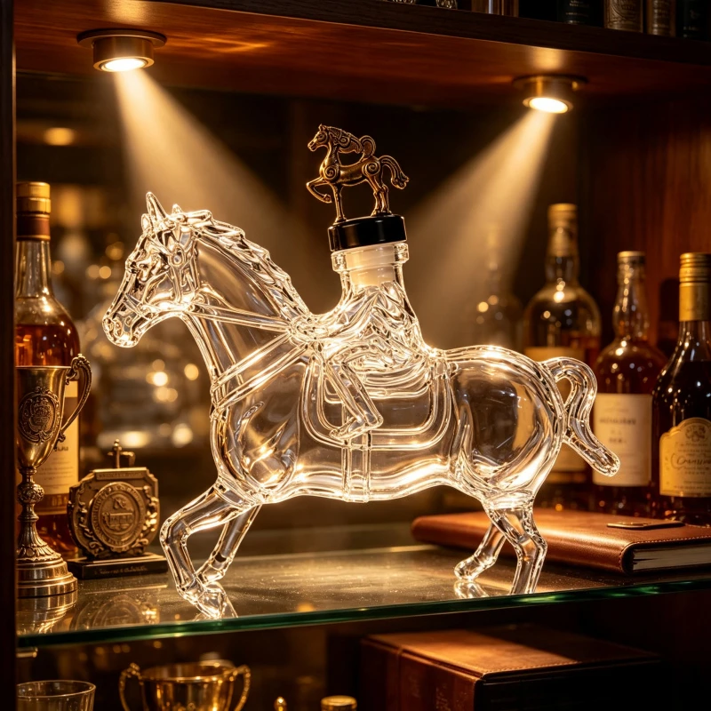 Vintage Galloping Horse Glass Decanter With Bronze Horse Stopper Clear Crystal Liquor Dispenser Decorative Bar Counter Accessory