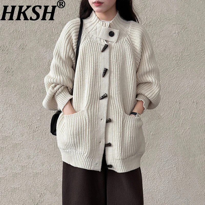 

HKSH Autumn Winter New Women's Sweater Stand Collar Single Breasted Pockets Elegant Tide Knitted Cardigan Versatile Coat HK15535