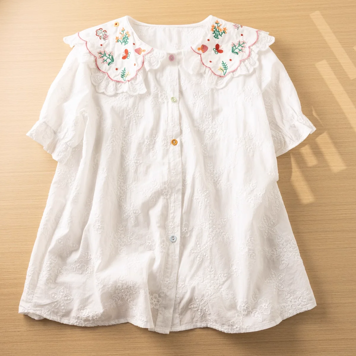 Lolita Sweet Flowers Embroidery Lace Patchwork Cotton Short Sleeve Shirt Blouse Mori Girl Fairy Designer Cotton Lace Shirts