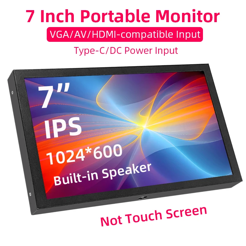 7 Inch Portable Monitor 1024x600 IPS LCD HDMI-compatible VGA AV Input DC Type C Power Screen for PC Laptop Camera TV Box DVD