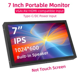 Monitor portátil de 7 pulgadas, 1024x600 IPS LCD, compatible con HDMI, entrada VGA AV, pantalla de alimentación CC tipo C para PC, portátil, cámara, TV Box DVD