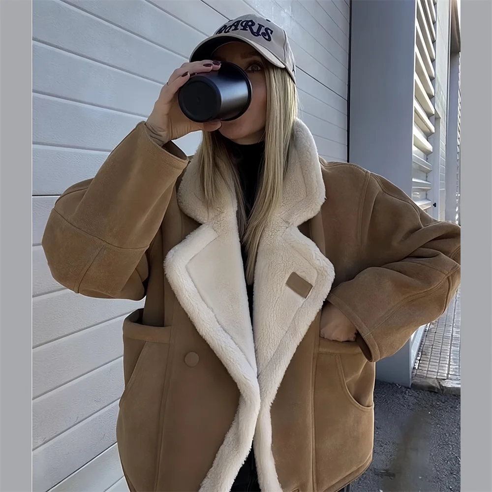 PB&ZA2024 Autumn New Women\'s Clothing Style Warm Suede Lamb Wool Coat Thickened Fur Integrated Short Motorcycle Wear