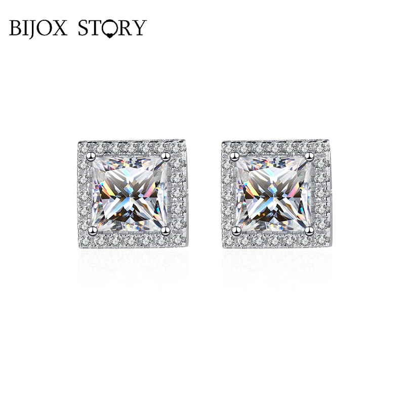 BIJOX STORY New 2023 1CT/2CT Moissanite Stud Earrings for Female 925 Sterling Silver Classic Fine Jewelry for Office Anniversary