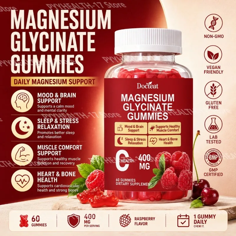 Docteat Magnesium Glycinate Gummies Sleep and Stress Relaxation Mental Calm Support Easy To Take Raspberry Flavor 60 Gummies