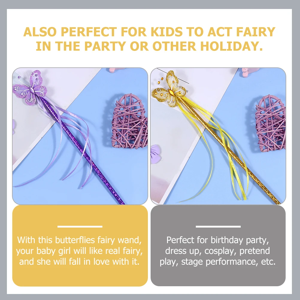 

4 Pcs Wands Gold Purple Butterfly Ribbon Kids Handheld Safe Vibrant Butterflies Fairy Wand Birthday Party Stage DIY