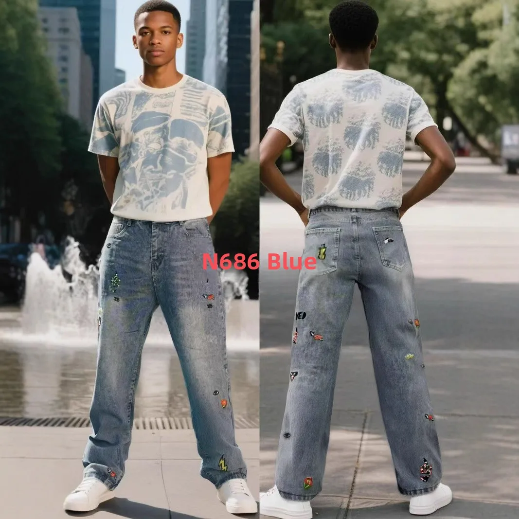 

Винтажные облегающие повседневные мужские джинсы с вышивкой, уличные хлопковые джинсовые прямые свободные брюки, лето 2025 г.