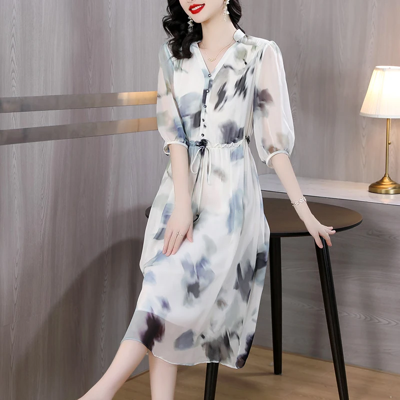 Spring 2024 New Fashion V-neck Printed Silk Dress Loose and Tight Large Size Long Dress Casual Elegant Party Clothing Vestidos