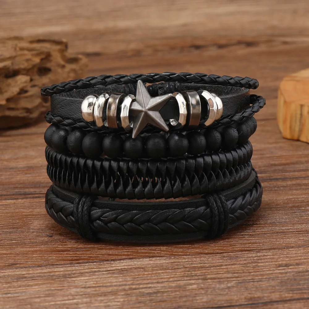 Trendy Black Men's Minimalist Bracelet Alloy Five Pointed Star Beaded Leather Bracelet Combination Set Of Four Party Accessories image 2