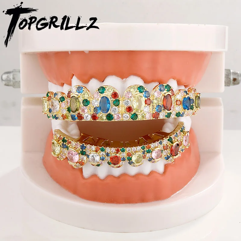 TOPGRILLZ-parrillas dentales superiores e inferiores, Hiphop, arcoíris, circonita cúbica, Grillz, juego de panal con silicona adicional