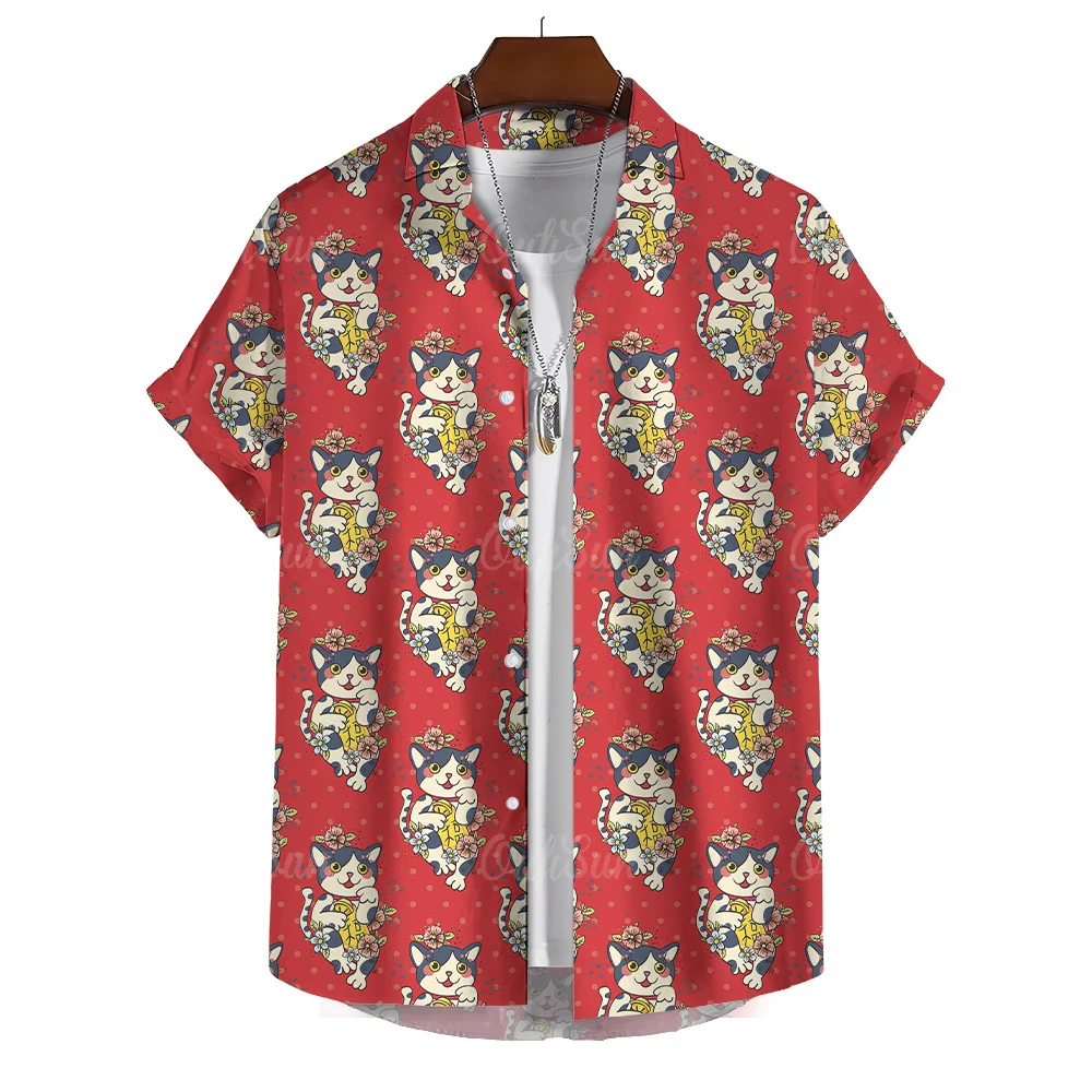 2024 Lucky Cat Graphic Shirt For Mens Short Sleeve Tops Spring Summer Clothing Oversized Hawaiian Shirts Casual Male Apparel