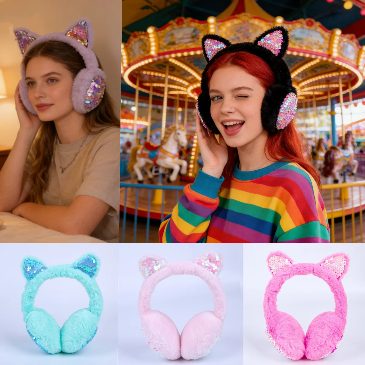 

Мягкие плюшевые наушники-ушанки Fufu с кошачьими ушками и декором из пайеток, милый дизайн, подходят для использования на улице осенью и зимой, для ежедневного согревания ушей/стильный аксессуар для защиты ушей, праздничный подарок