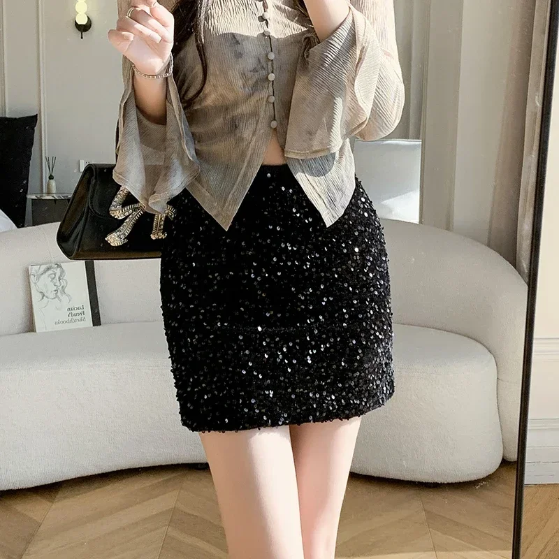 Lovertjes Een Lijn Zwarte Mini Rokken Vrouwen 2025, Casual Elastische Hoge Taille All-Match Faldas Streewear Korte Sexy Micro rok Zomer