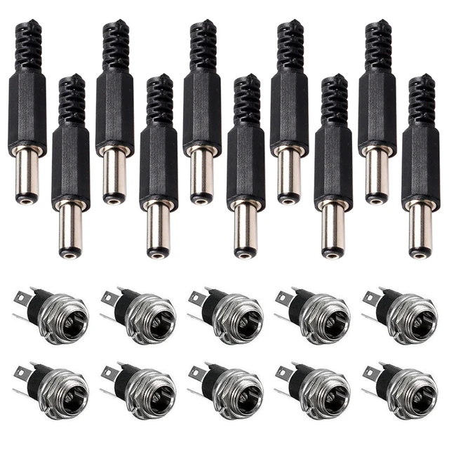 10 par gniazd zasilania DC żeńskie złącze do montażu panelowego 3-pinowe 5,5 x 2,1 mm z 5,5 mm x 2,1 mm DIY męska wtyczka zasilania DC