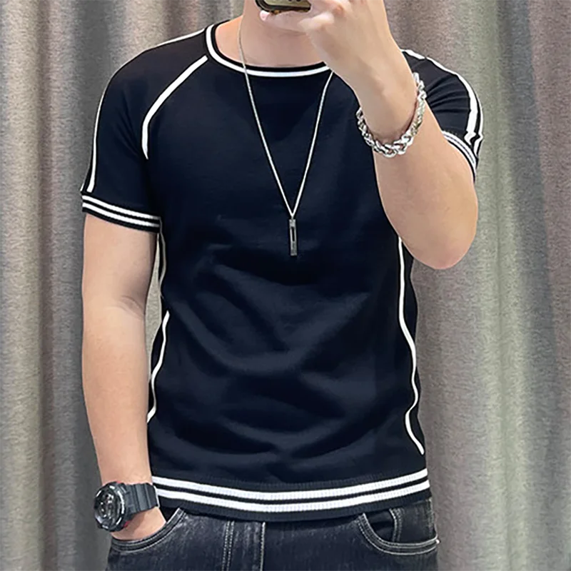 Irregular Lines Herren-Strick-T-Shirt, Sommer, Schwarz, Weiß, Kontrastfarbe, Rundhalsausschnitt, kurze Ärmel, atmungsaktives Strick-T-Shirt – Detail 13