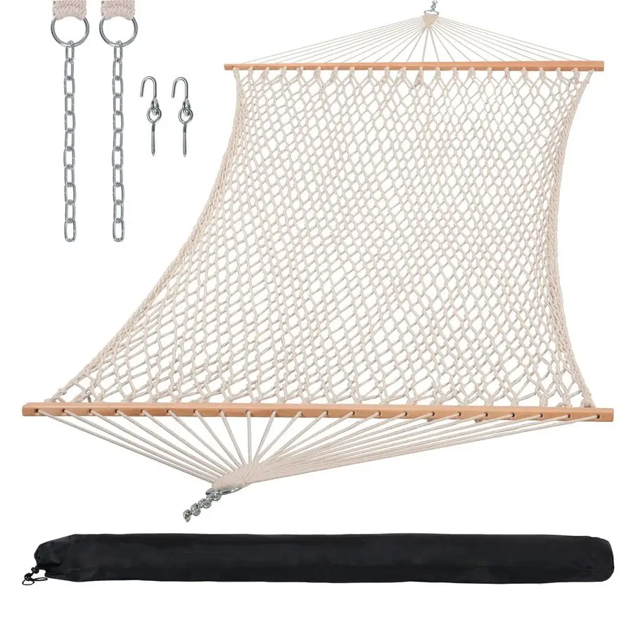 

Традиционный веревочный гамак Hammocks с деревянной перекладиной и сумкой для переноски, грузоподъемность 450 фунтов, натуральный цвет