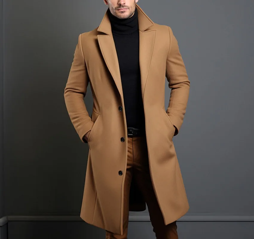 Woolen Coat Men's Medium Length Solid Color Autumn and Winter Warm Youth Woolen Jacket for Men