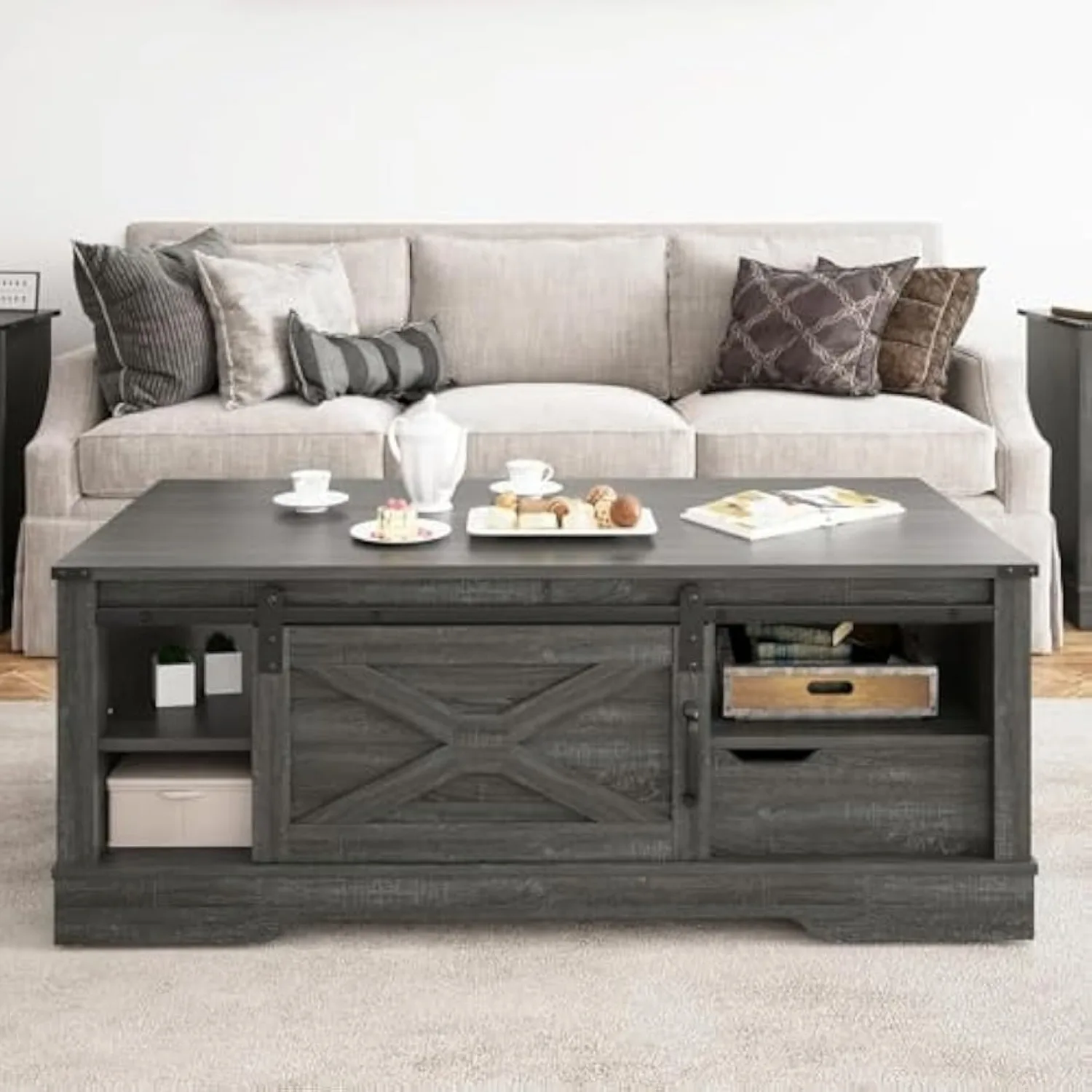 RoyalCraft Farmhouse Coffee Table with Storage and Sliding Barn Door, 48'' Rustic Living Room Table with Open Shelves