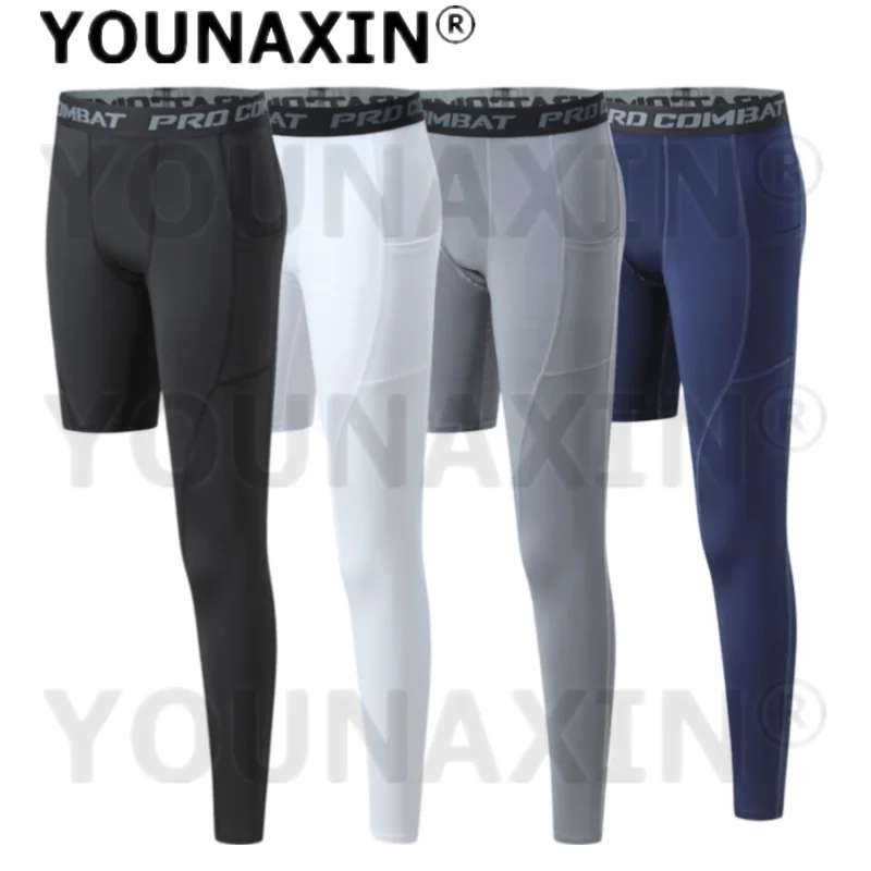 Men's Base Layer Exercise Trousers Running Tight Sports Cropped One Leg Leggings Basketball Yoga Gym Fitness Pants With Pocket