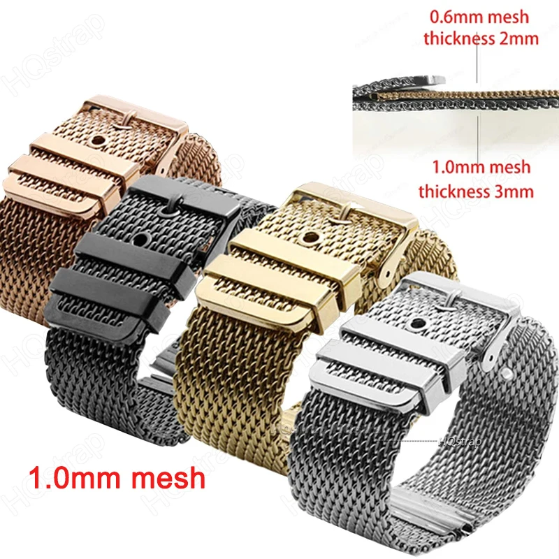 Correa de reloj milanesa de 20mm, 22mm y 24mm, correa de Metal de acero inoxidable para hombres y mujeres, accesorios de pulsera con hebilla de Metal de malla 1,0