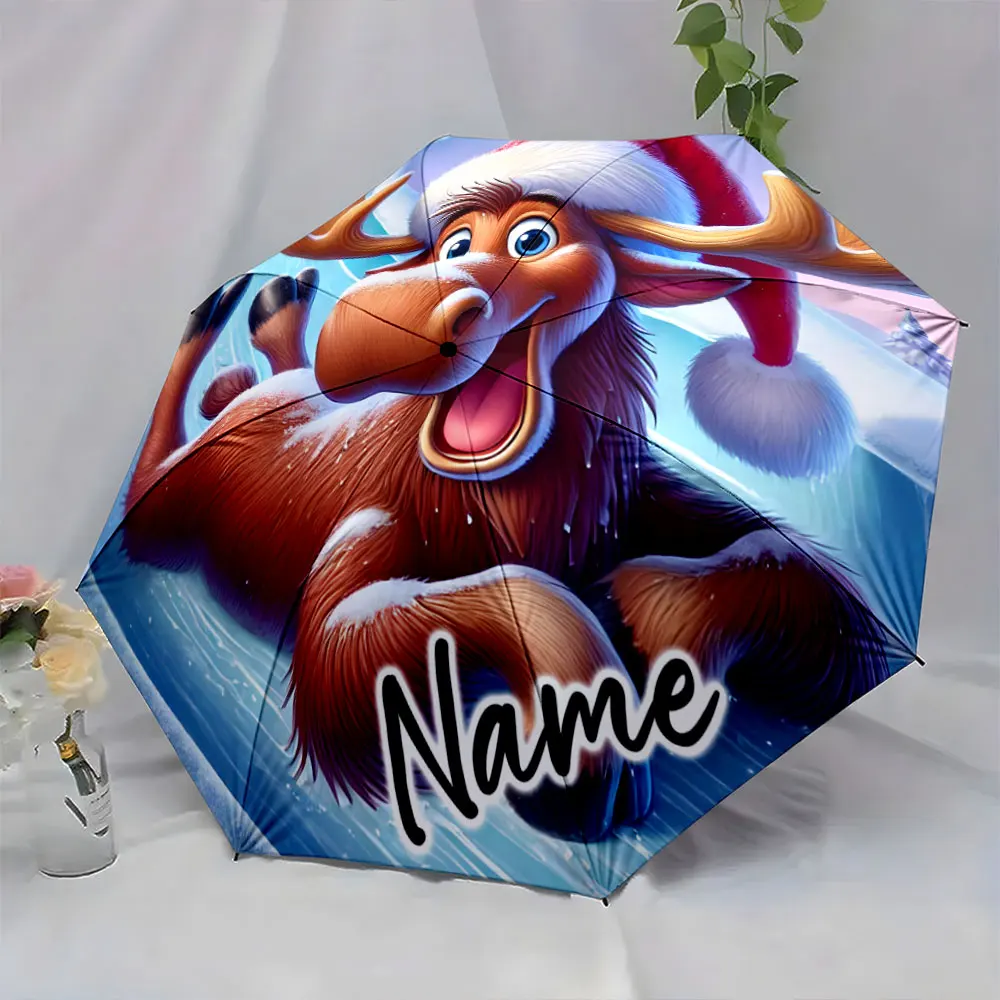 Custom Name Christmas-Themed Umbrella Featuring Cheerful Cartoon Moose 8 Iron Ribs Folding Umbrella Auto-Open Fashion Sunshade