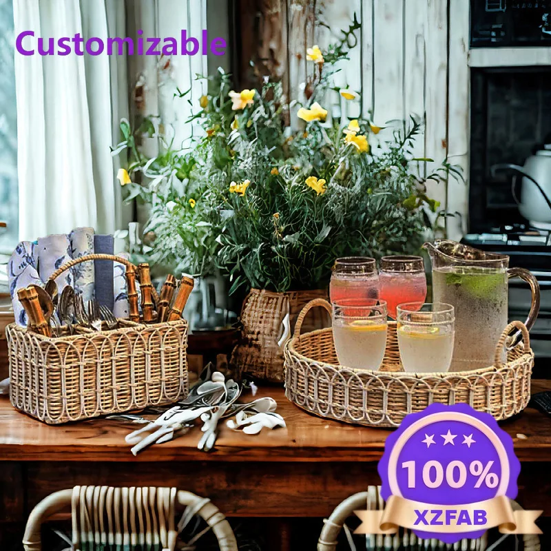 Factory Direct 2026 Cross-border rattan partition storage basket, kitchen restaurant tableware, fork, spoon,  storage basket