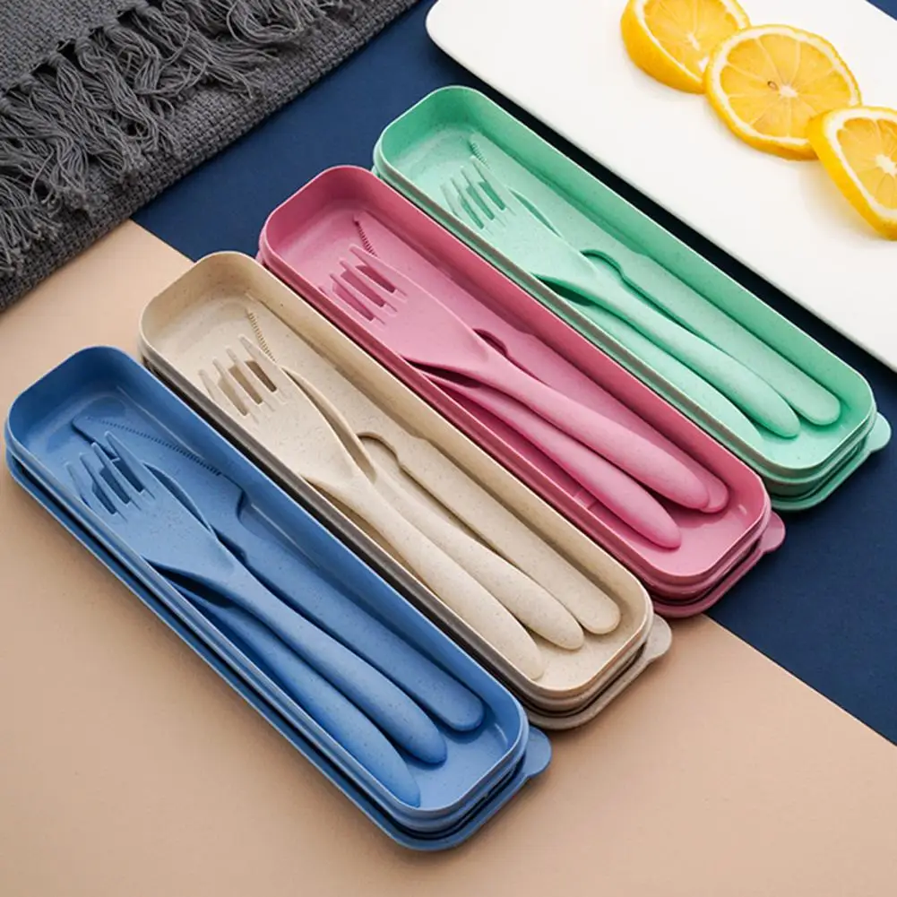 1 Set Cutlery Set with Storage Box Easily Cleaned Non-slip Nordic Style Wheat Three-piece Spoon Fork Cutter Set for School