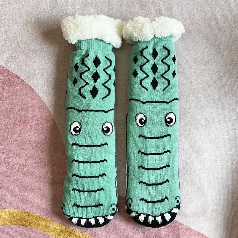Fuzzy Thermal Sock Women dinosaur Winter Funny Cute Kawaii Non Slip Cartoon Sleeping Soft Comfy Female Short Floor Slippers Sock