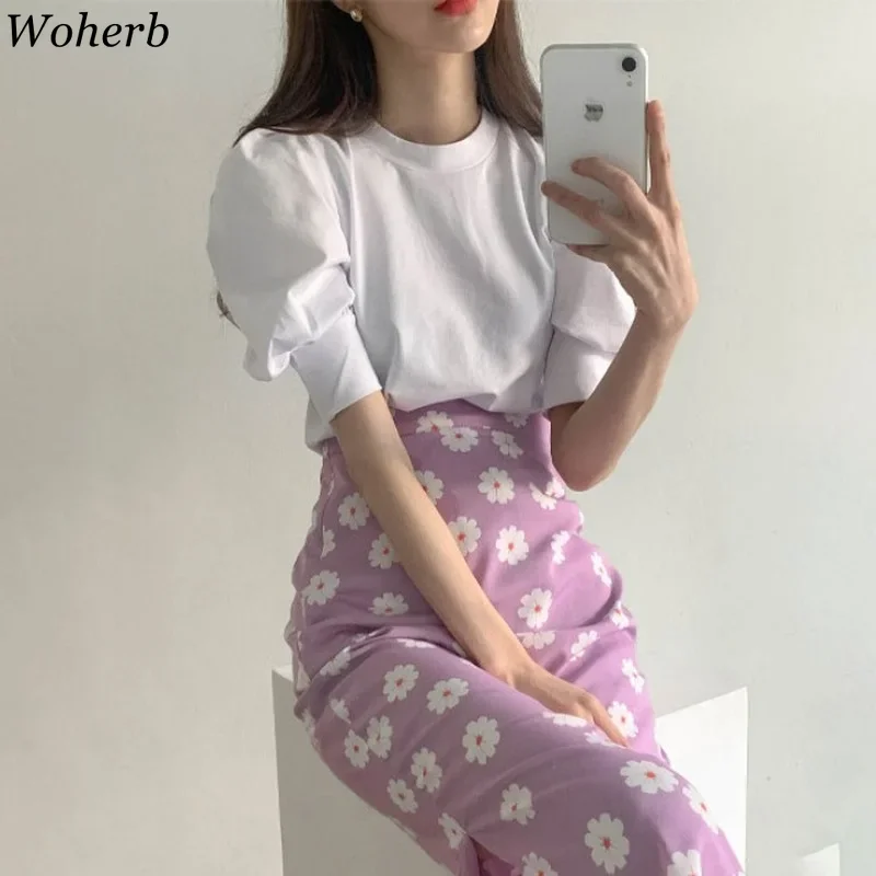 Woherb-coreano elegante conjunto para as mulheres, 2 peças, cor sólida, puff manga t-shirt + saias lápis de cintura alta floral, roupa chique