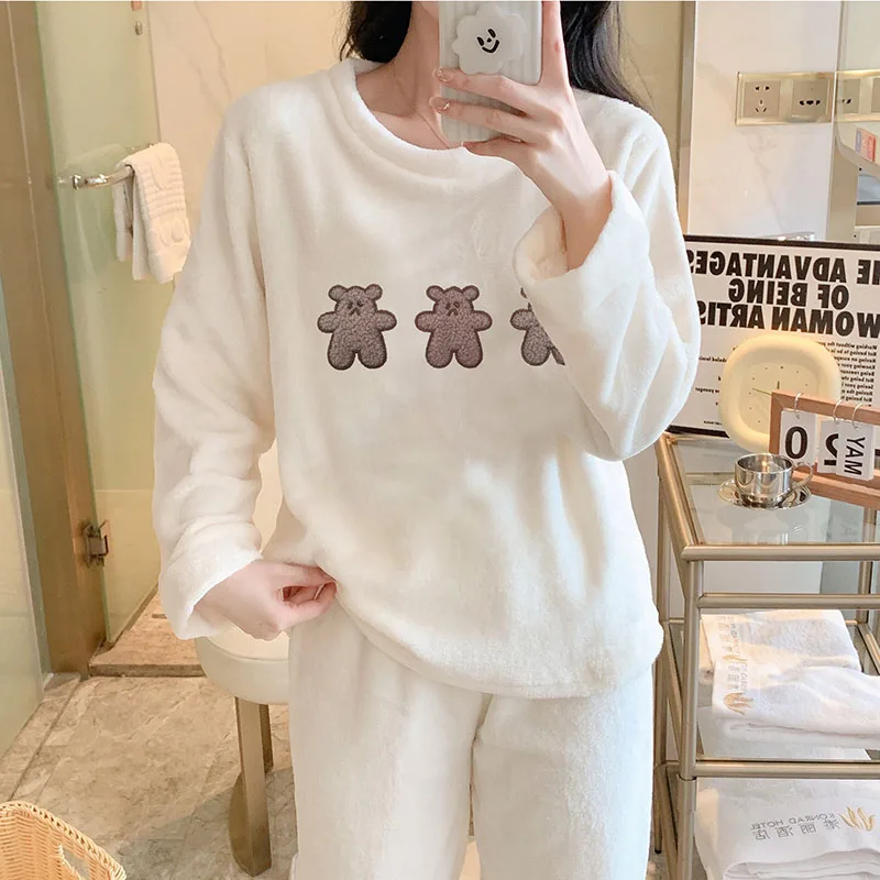 Thickened Warm Pajama Woman Winter O-Neck Home Wear Long Sleeve Plus Size Pajama Girl Cartoon Bear Cute Sleepwear Night Wear Xl