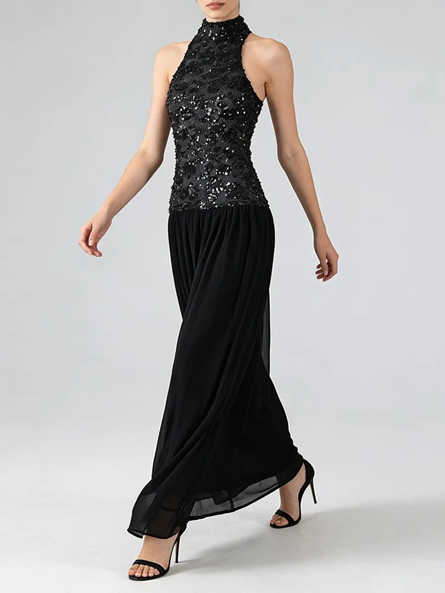 TWOTWINSTYLE Solido Sheer Impiombato Paillettes Abiti Eleganti per Le Donne Halter Senza Maniche Tunica Patchwork Pieghe Vestito di Moda Femminile