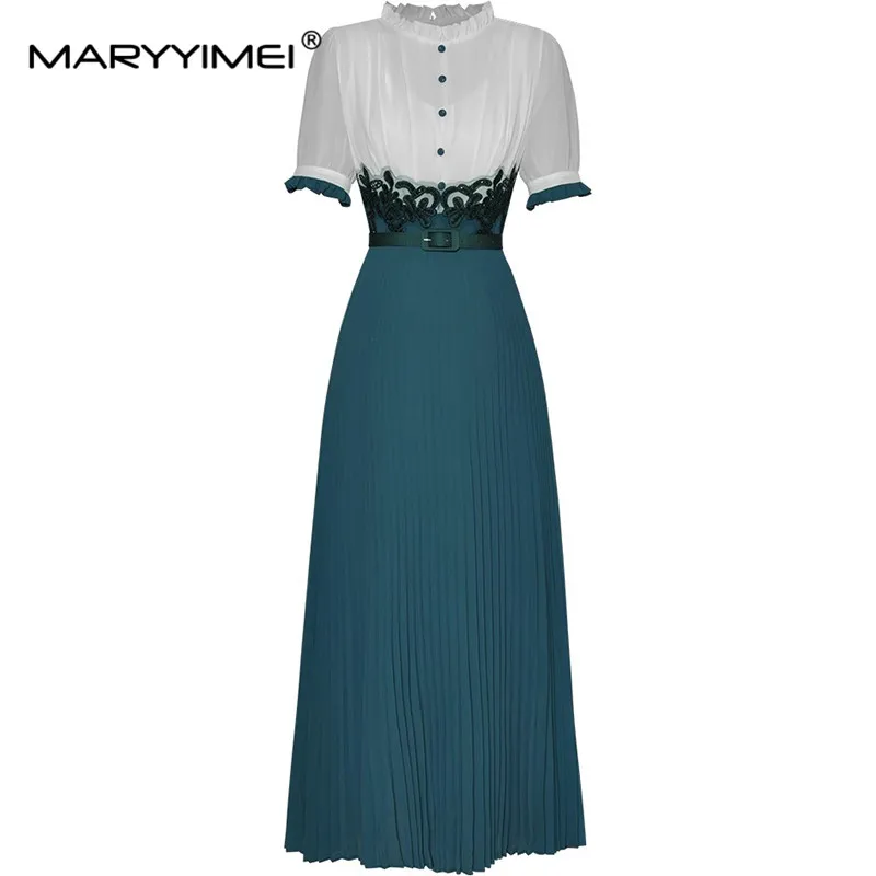 MARYYIMEI Fashion Designer Spring Summer Woman's Ruffled Short-Sleeved Embroidery Lace-UP High Street High Quality Dresses