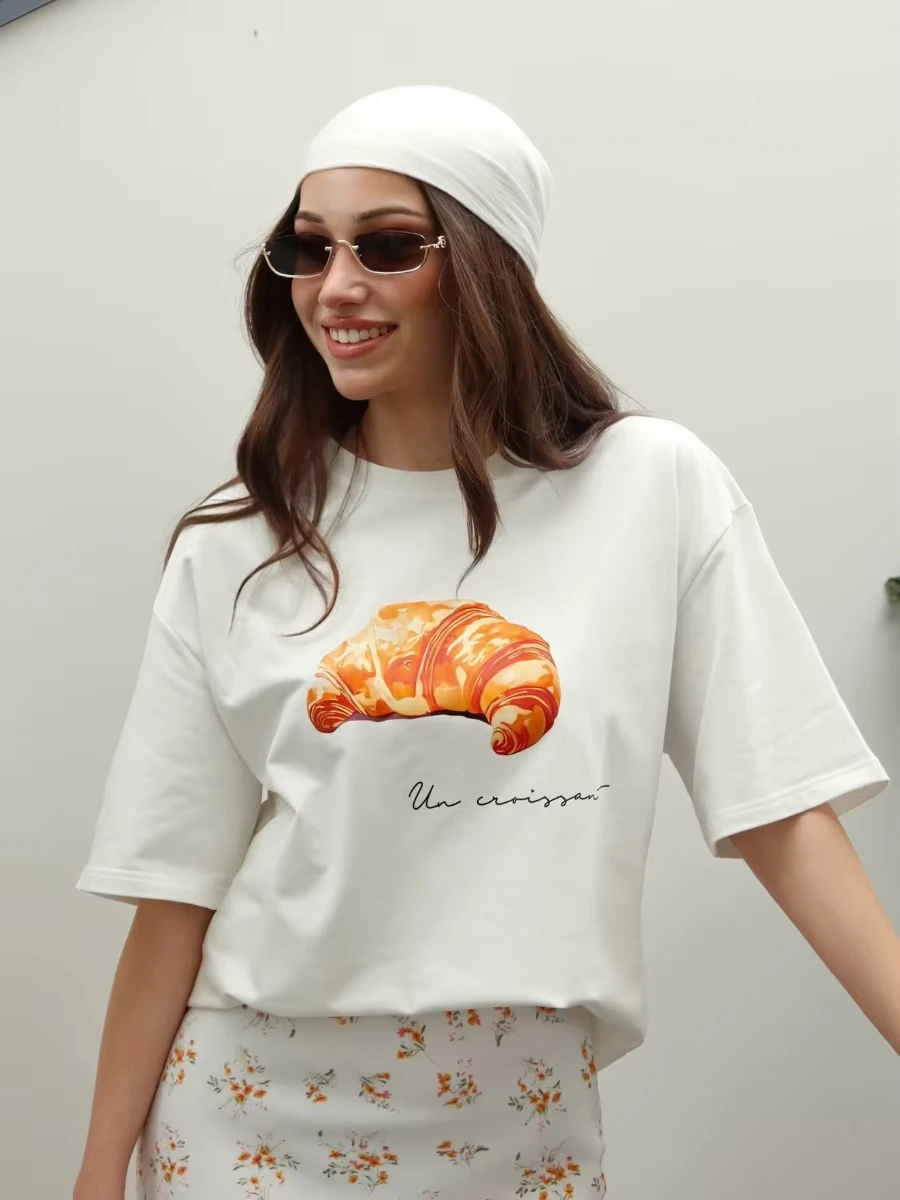 

bb Summer Fashion French-Style Croissant-Patterned Ladies Cotton Short-Sleeved Street Casual Stylish Breathable T-Shirt Top