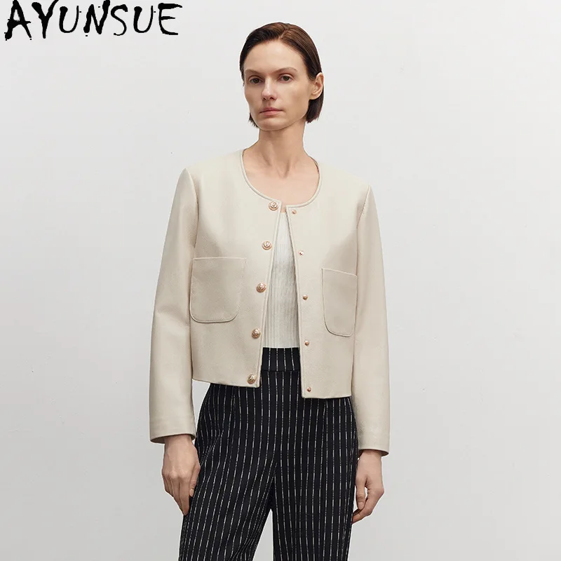 AYUNSUE High-end หนังแพะจริงหนังแจ็คเก็ตผู้หญิง 2025 หนังสีดําสตรีเสื้อฤดูใบไม้ร่วงเสื้อผ้า SLIM FIT Jaqueta De Couro