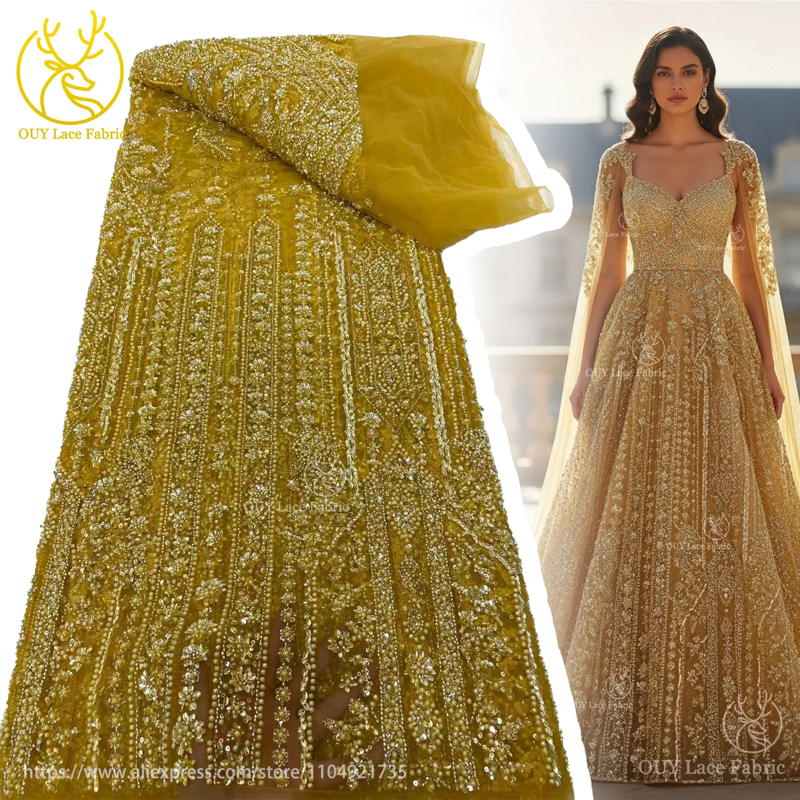 Beautiful Elegant African Handmade Beaded Lace Fabric 2025 Fashion French Nigerian Sequins Embroidered Lace Wedding Dresses