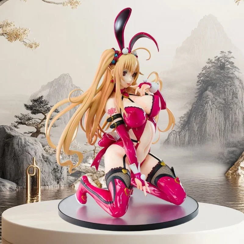In Stock Bunny Ear Girl Decor Ornament Long Blonde Hair Bright Pink Outfit Kneel Posture Round Base Desktop Collectible Gift