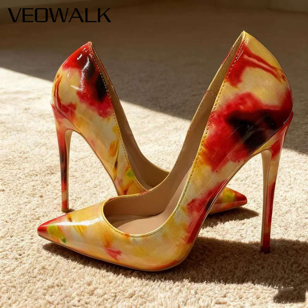 

Veowalk 12cm Floral Printed Women's Fashion Tie-Dye Stiletto Heels Patent Leather Pointed Toe High Heels for Party & Evening