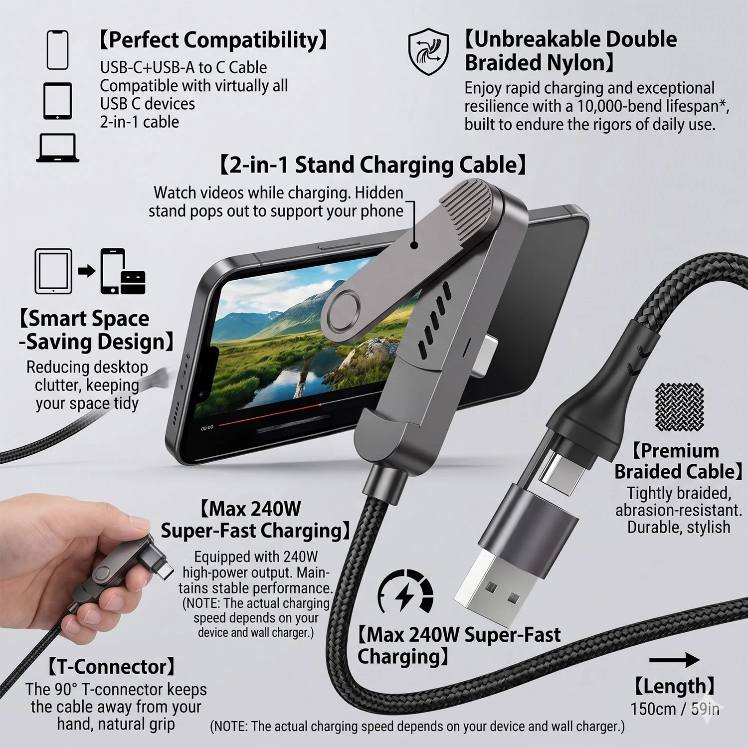 Foldable Charging Cable USB PD With Integrated Stand Fast Charging Cable Phone Tablet 240W Ultra-Fast Data Cable Phone Holder